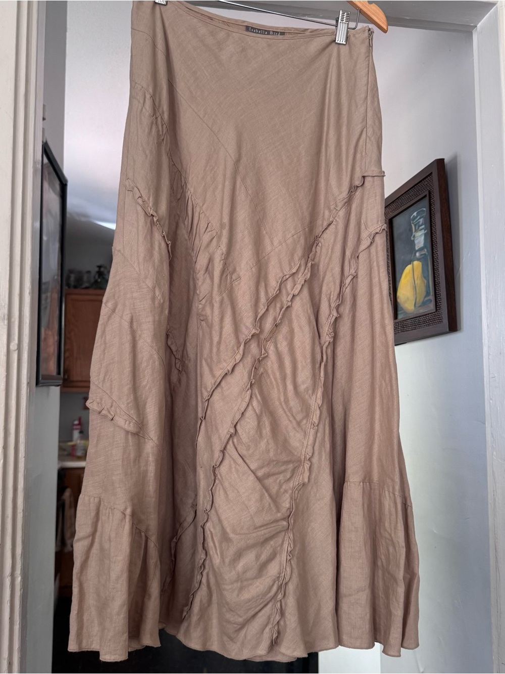 Isabella Bird Women's Linen  maxi Skirt size 6 neutral tan color ruffle prairie